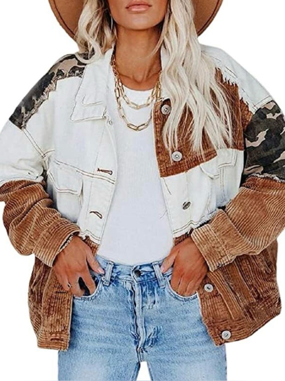 12th Tribe Patchwork Corduroy & Canvas Jacket in White, Tan, Camouflage